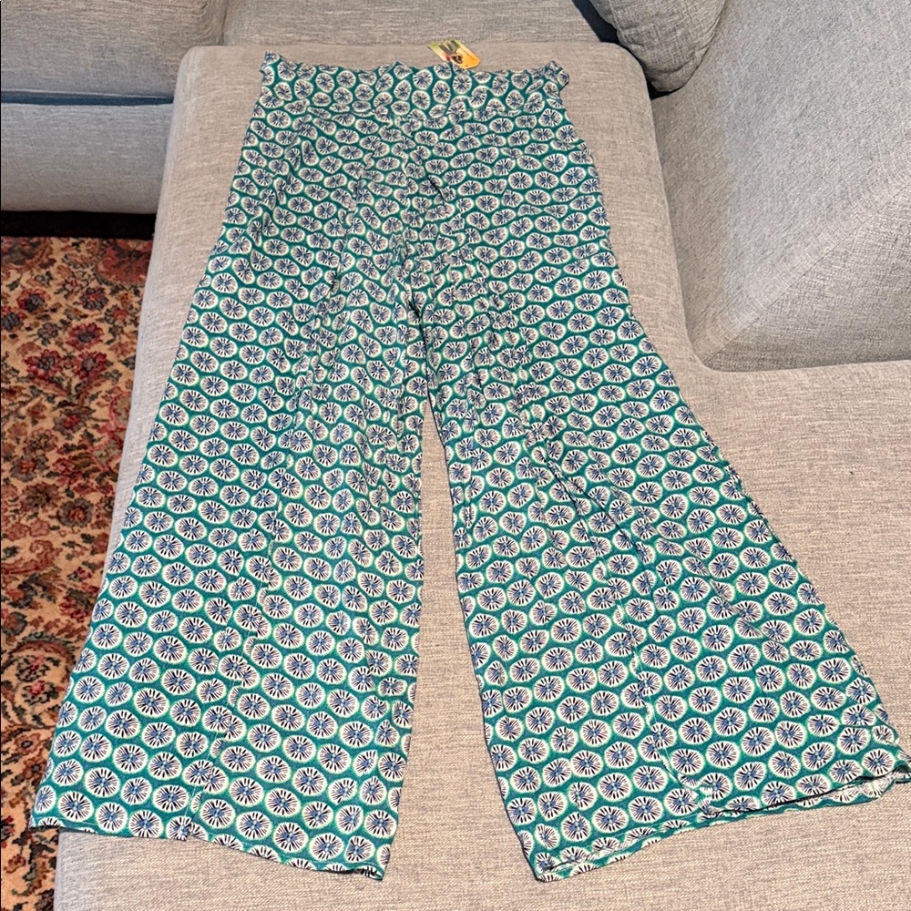 NWT Janice High Waist Wide-Leg Pattern Palazzo Pants Teal Green Navy White L/XL